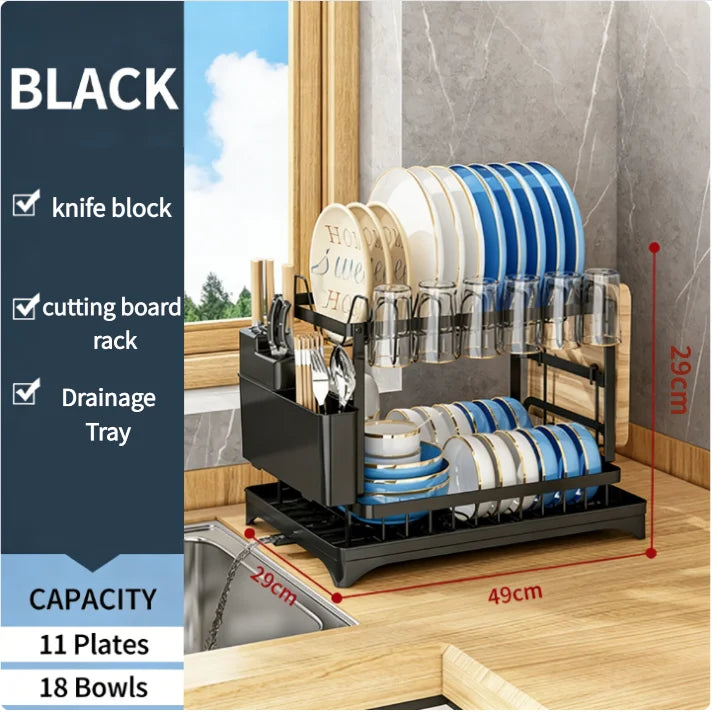 2-Tier Kitchen Dish Drying Rack, Multifunctional Bowl Drainer & Storage Rack for Chopsticks, Knives, Forks and Cups