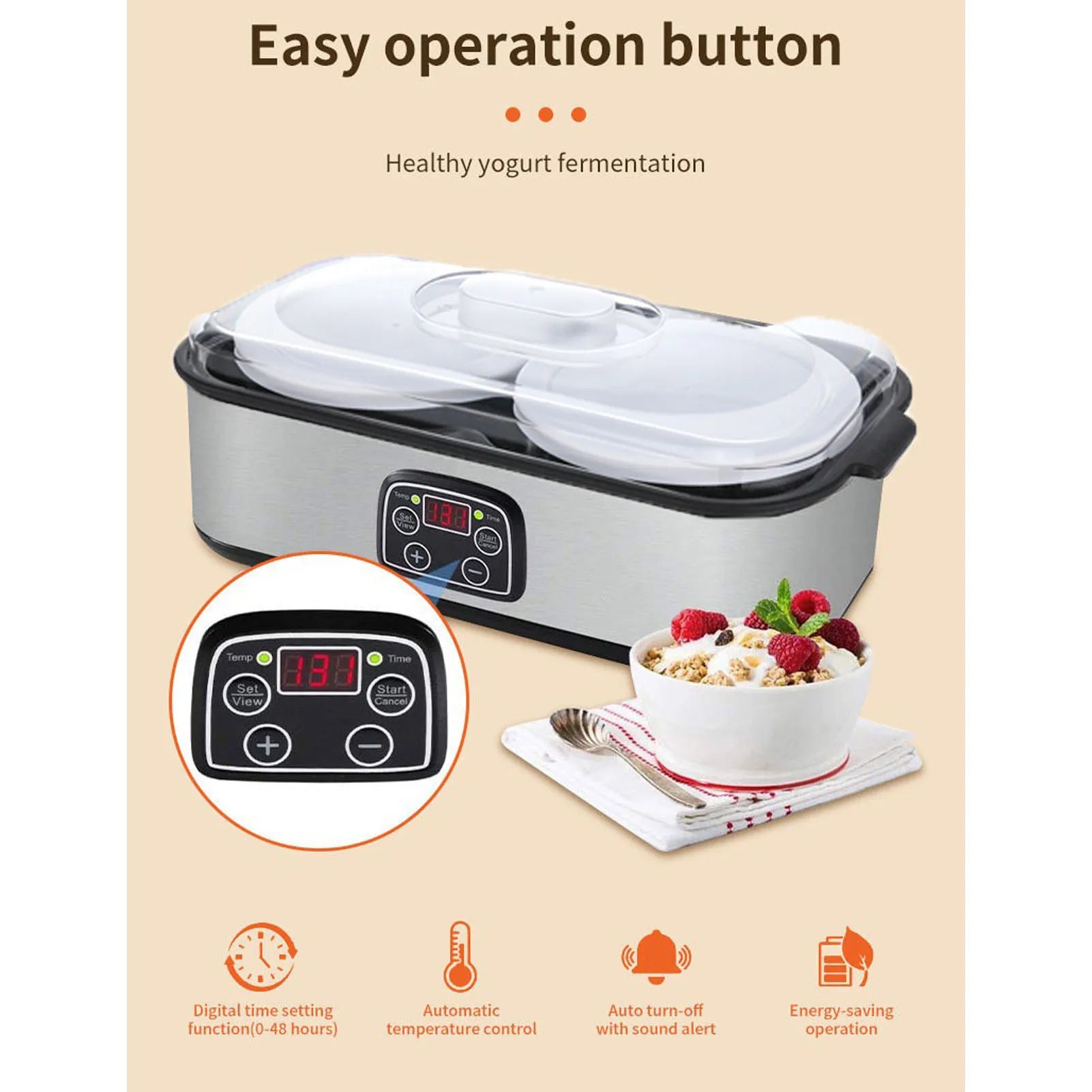 Yogurt Maker 2L Large Capacity Automatic Temperature Control 0-48 Hours Timer Digital Yogurt Maker Machine