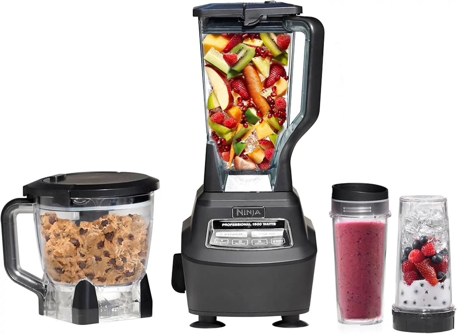 1500W Mega Kitchen System with 72 oz Blender, 8-Cup Food Processor, To-Go Cups - Smoothies, Ice Crushing & More in Black