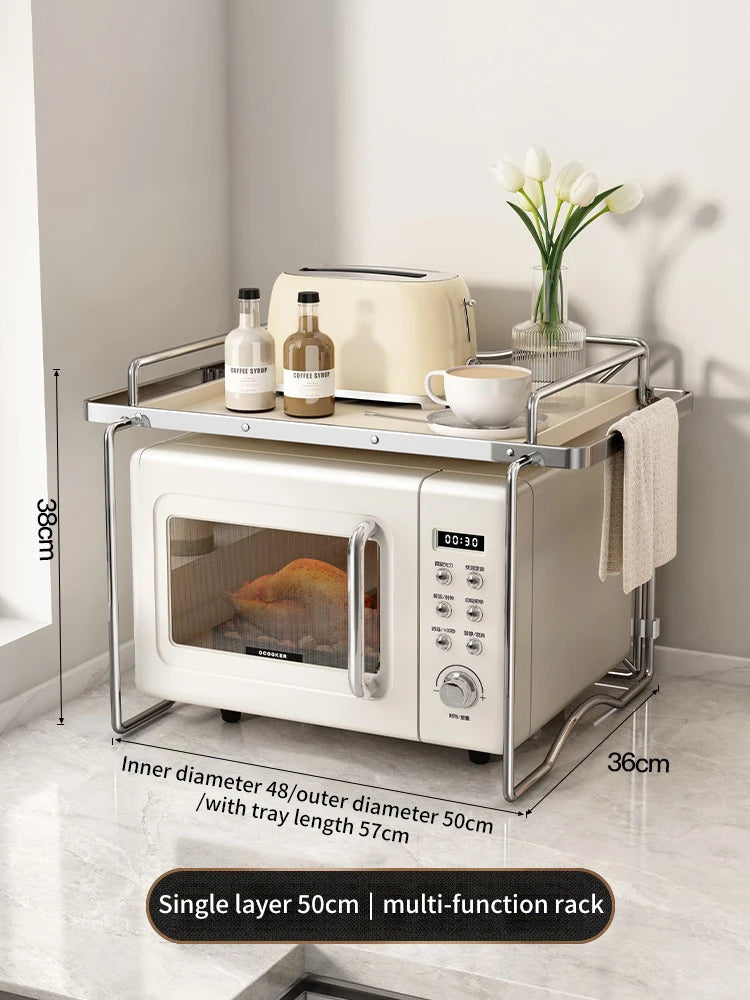 2-layer Microwave Oven Storage Rack Retractable Countertop Gadget Set Floor Stand Kitchen Seasoning Holder Spicy Organizer Shelf