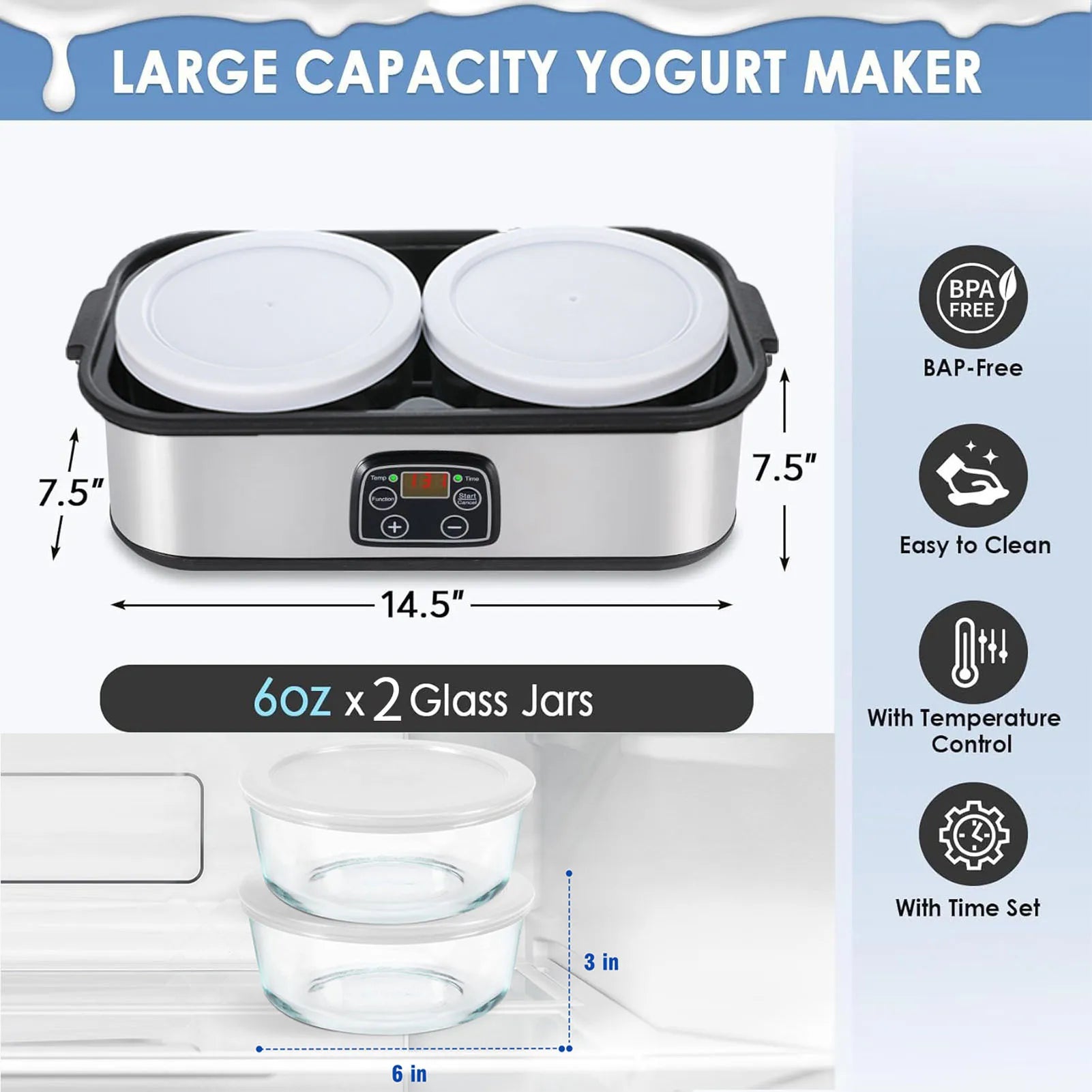 Yogurt Maker 2L Large Capacity Automatic Temperature Control 0-48 Hours Timer Digital Yogurt Maker Machine