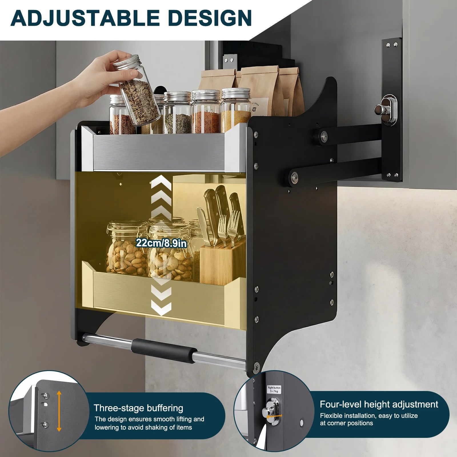 2 Tier Heavy Duty Pull Down Cabinet Organizer 22.2-22.4 Inch Width 11 Inch Depth 22 Inch Height for Tall Kitchen