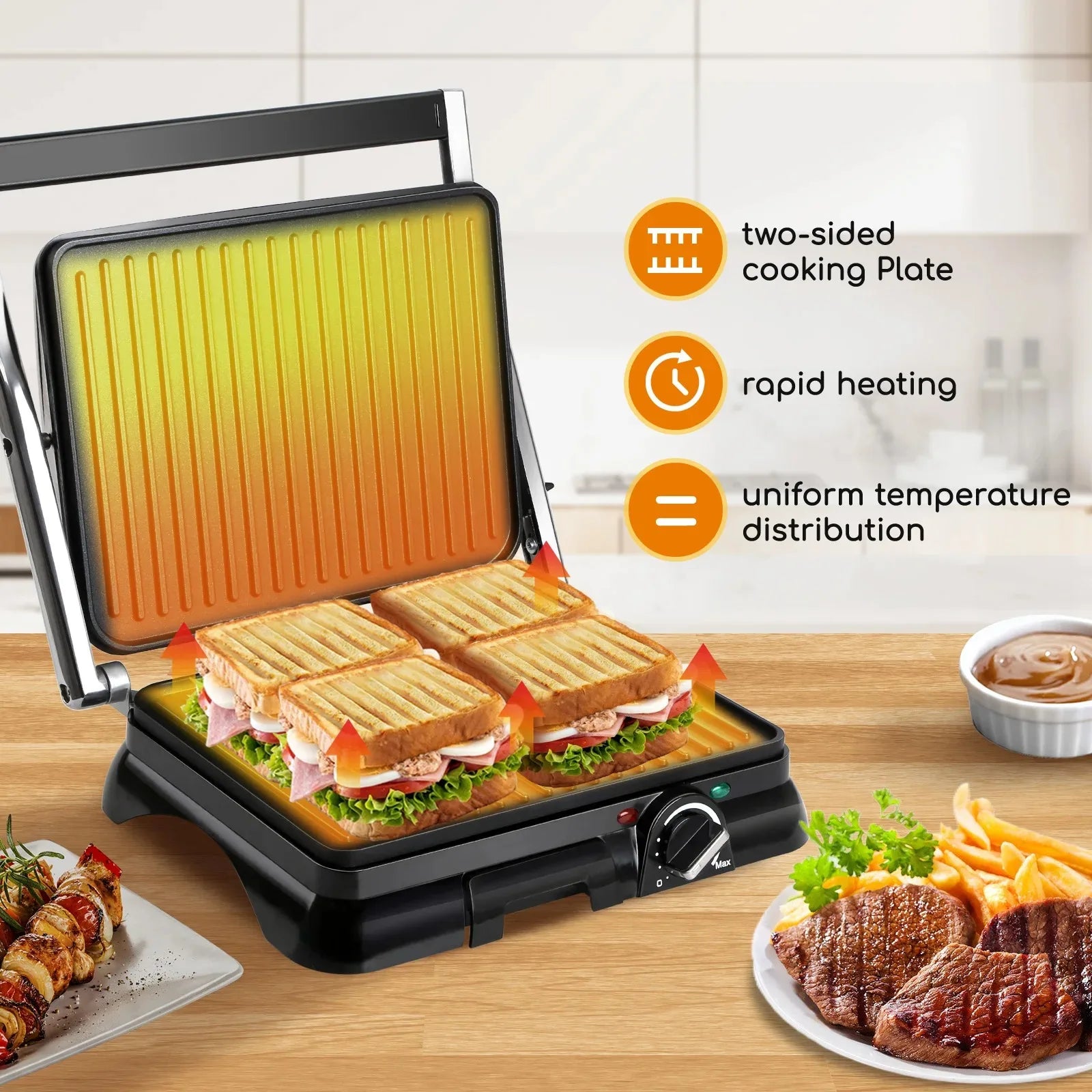 Sandwicheras and Panini Electric Grill Grill (temperature regulator, oil pick tray, 180 ° opening, non-stick plates, 2000W)