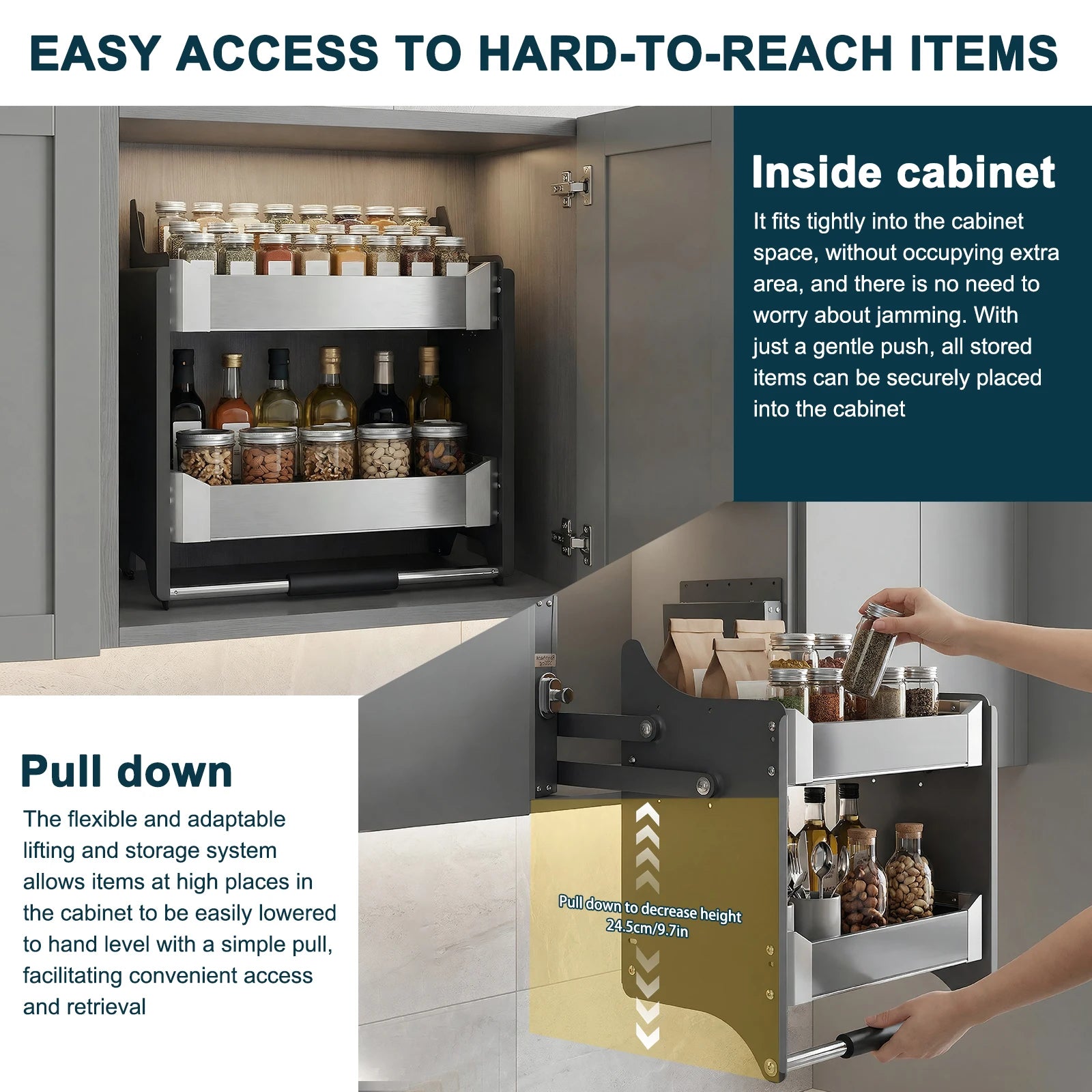 2 Tier Heavy Duty Pull Down Shelf 22.2-22.4 Inch Width 11 Inch Depth 22 Inch Height Storage Organizer for Kitchen Upper Cabinet