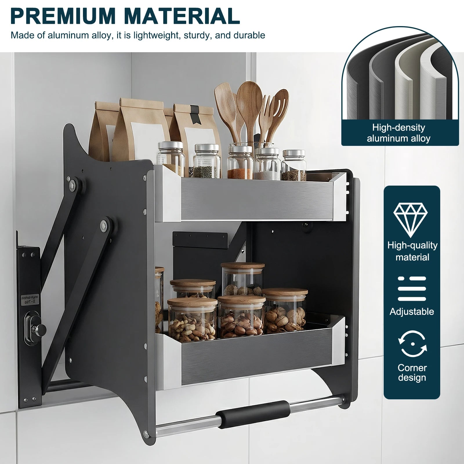 2 Tier Heavy Duty Pull Down Shelf 22.2-22.4 Inch Width 11 Inch Depth 22 Inch Height Storage Organizer for Kitchen Upper Cabinet