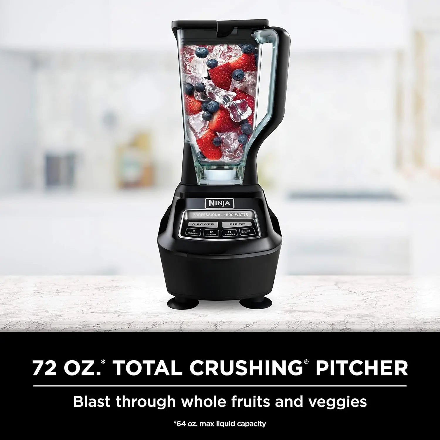 1500W Mega Kitchen System with 72 oz Blender, 8-Cup Food Processor, To-Go Cups - Smoothies, Ice Crushing & More in Black