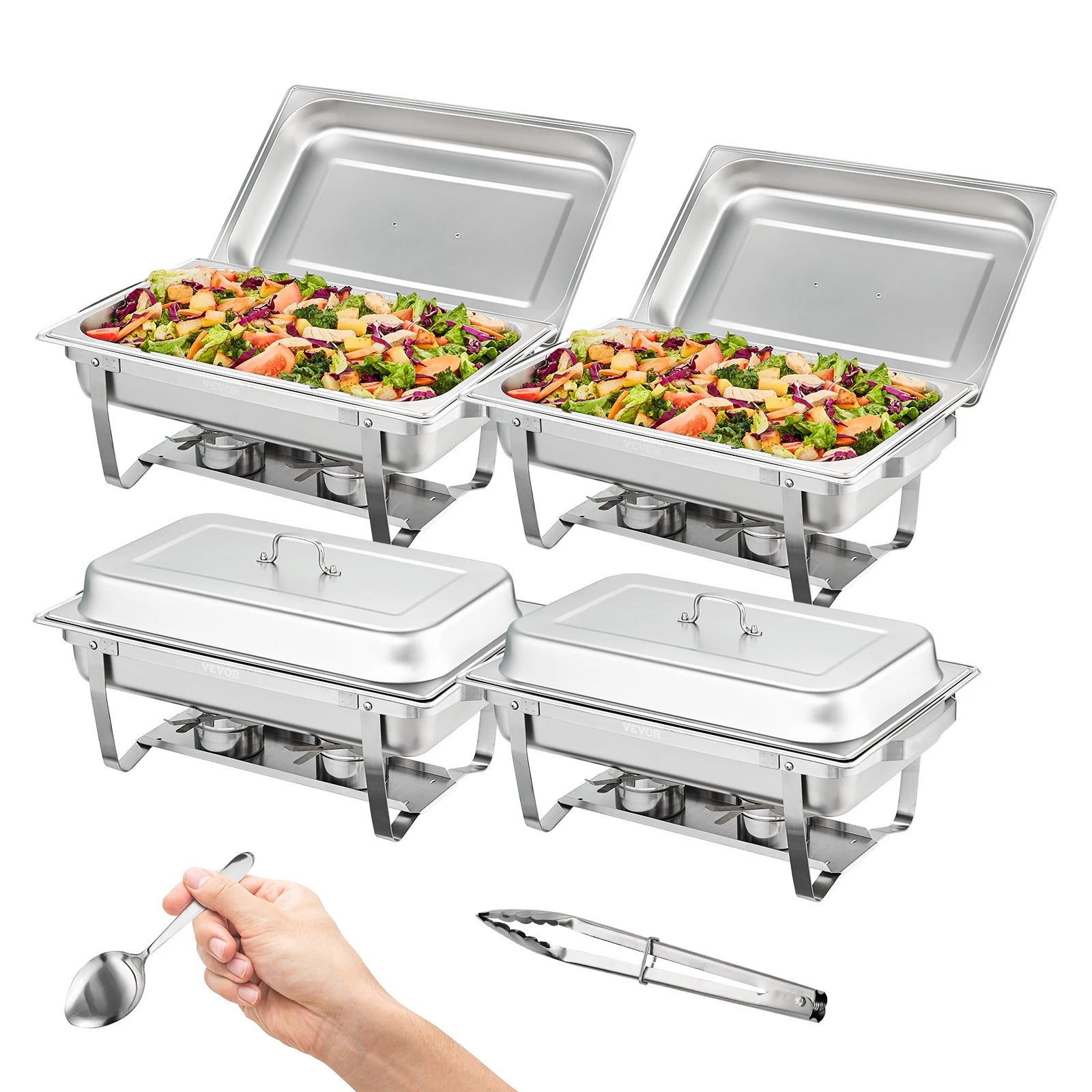 SucceBuy 8QT Rectangle Chafing Dish 4/6 Packs Stainless Steel  Chafer with Full Size Pans Catering Buffet Set Food Warmer Server