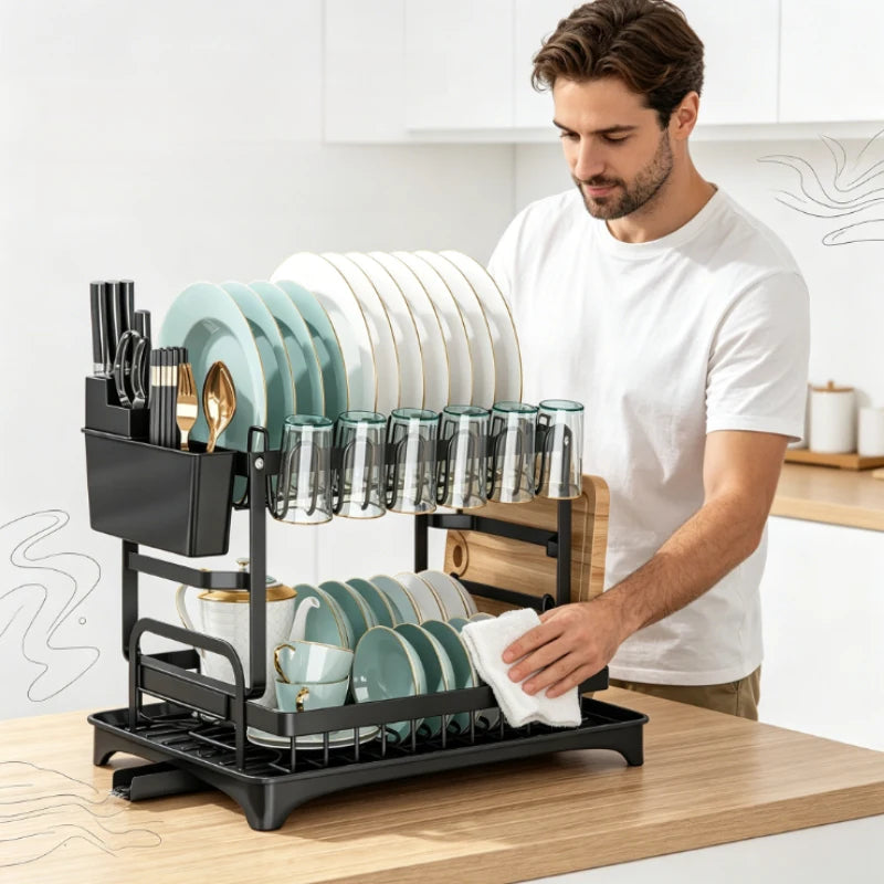 2-Tier Kitchen Dish Drying Rack, Multifunctional Bowl Drainer & Storage Rack for Chopsticks, Knives, Forks and Cups