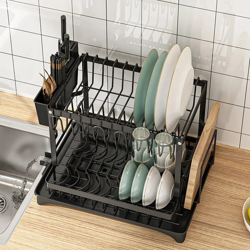 2-Tier Kitchen Dish Drying Rack, Multifunctional Bowl Drainer & Storage Rack for Chopsticks, Knives, Forks and Cups