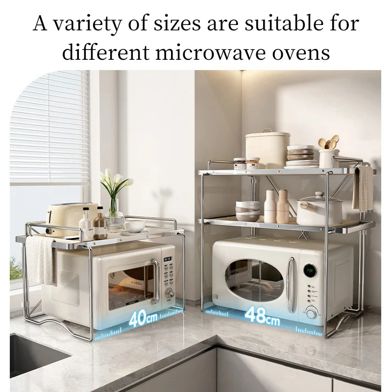 2-layer Microwave Oven Storage Rack Retractable Countertop Gadget Set Floor Stand Kitchen Seasoning Holder Spicy Organizer Shelf