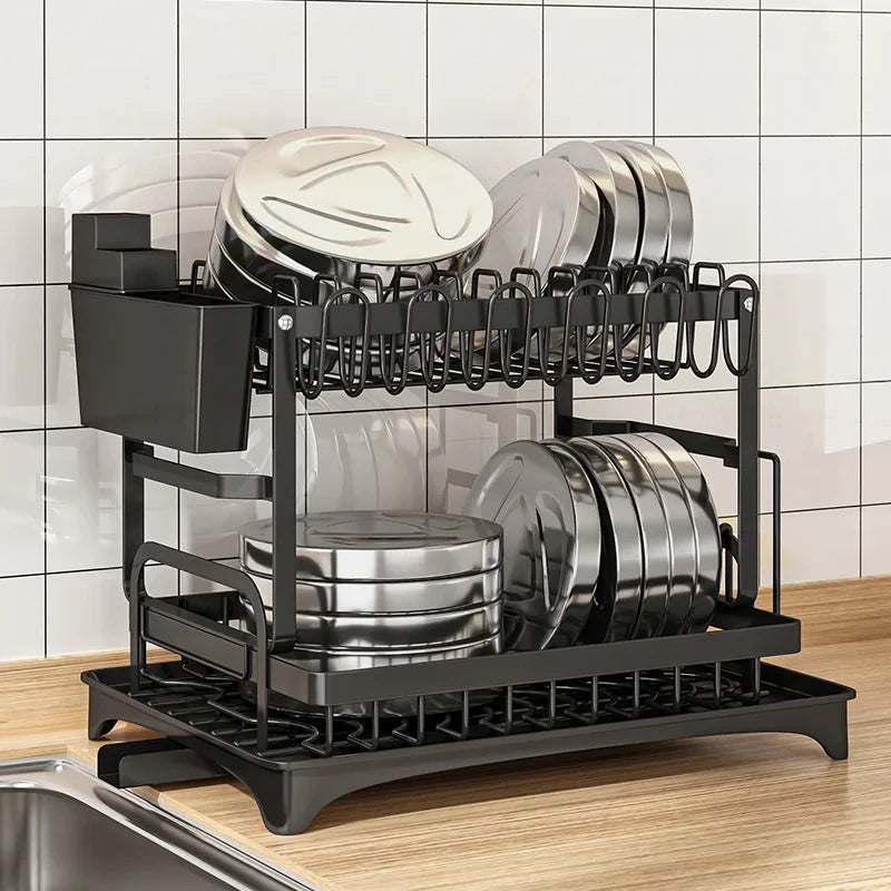 2-Tier Kitchen Dish Drying Rack, Multifunctional Bowl Drainer & Storage Rack for Chopsticks, Knives, Forks and Cups