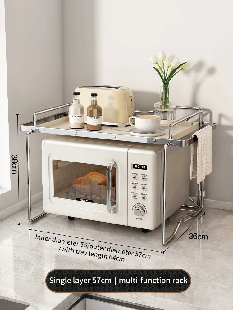 2-layer Microwave Oven Storage Rack Retractable Countertop Gadget Set Floor Stand Kitchen Seasoning Holder Spicy Organizer Shelf