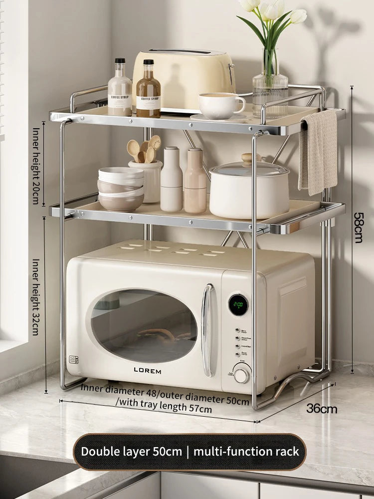2-layer Microwave Oven Storage Rack Retractable Countertop Gadget Set Floor Stand Kitchen Seasoning Holder Spicy Organizer Shelf