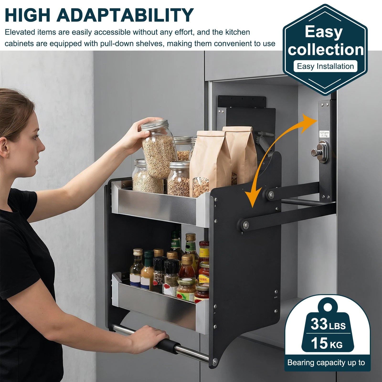 2 Tier Heavy Duty Pull Down Shelf 22.2-22.4 Inch Width 11 Inch Depth 22 Inch Height Storage Organizer for Kitchen Upper Cabinet