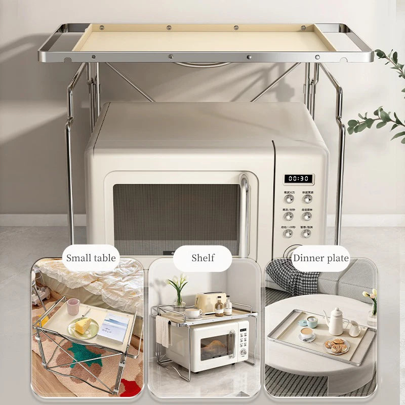 2-layer Microwave Oven Storage Rack Retractable Countertop Gadget Set Floor Stand Kitchen Seasoning Holder Spicy Organizer Shelf