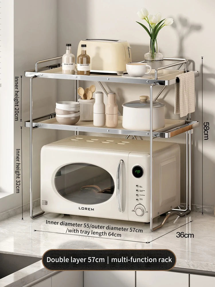 2-layer Microwave Oven Storage Rack Retractable Countertop Gadget Set Floor Stand Kitchen Seasoning Holder Spicy Organizer Shelf